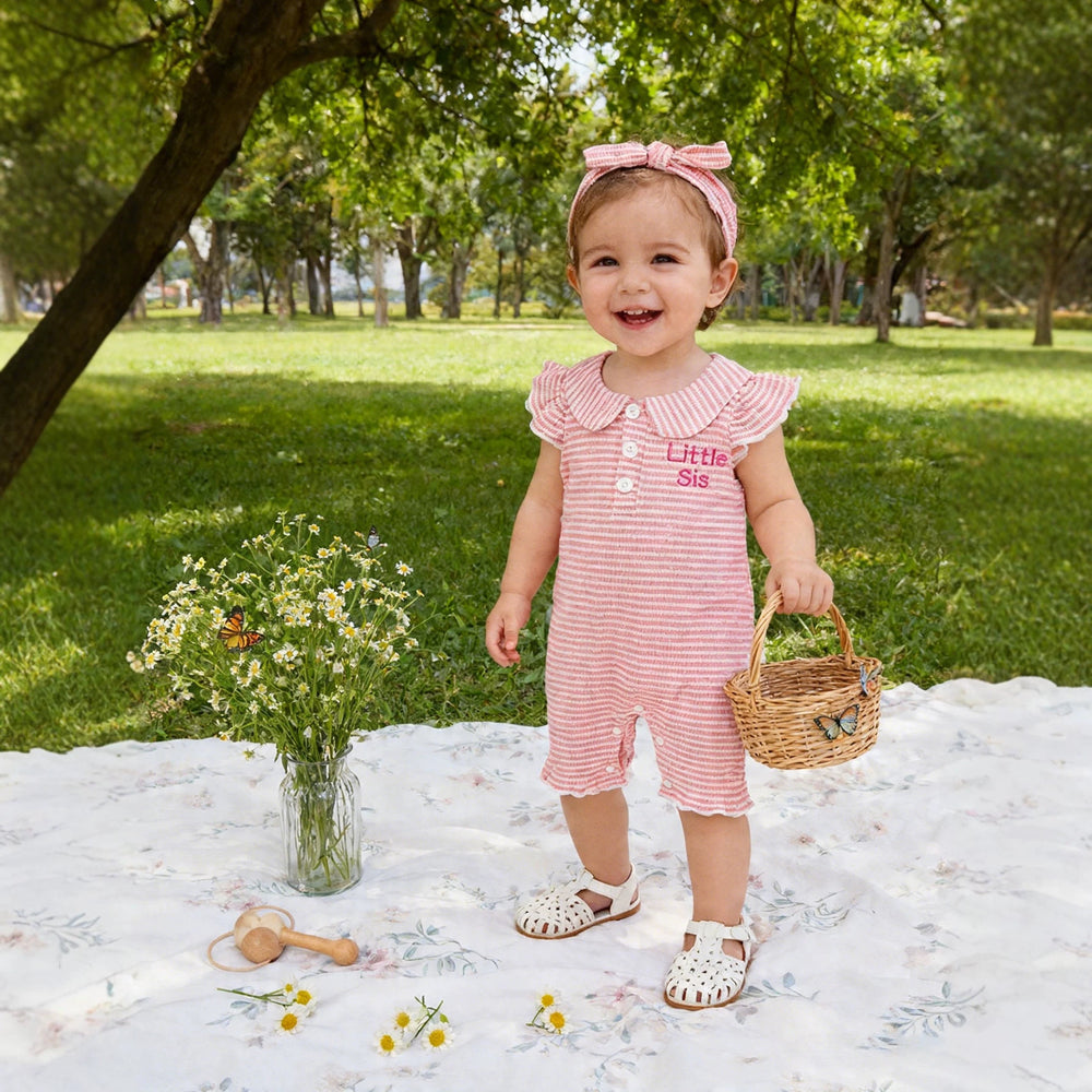 Baby girl cute letter embroidered peter pan collar romper with headband