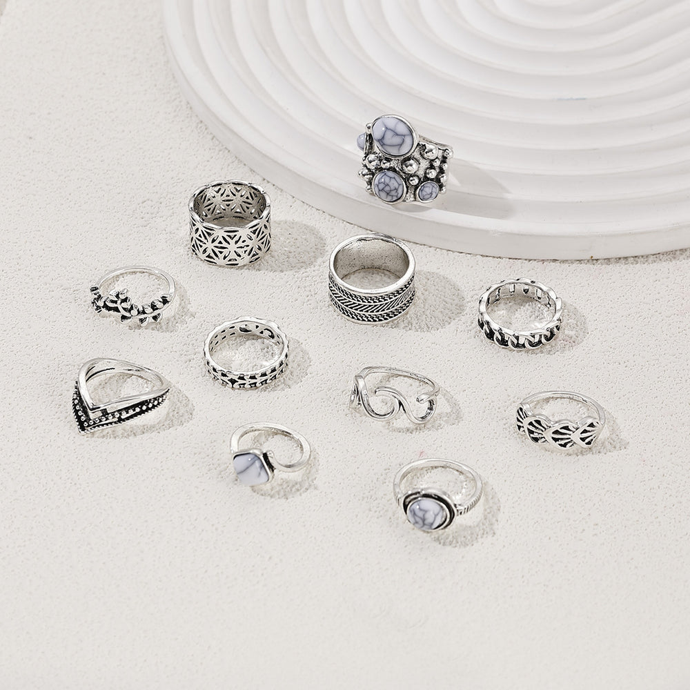 hot-selling retro ethnic style ring for women, 10-piece set, geometric cut out design, combination ring jewelry wholesale