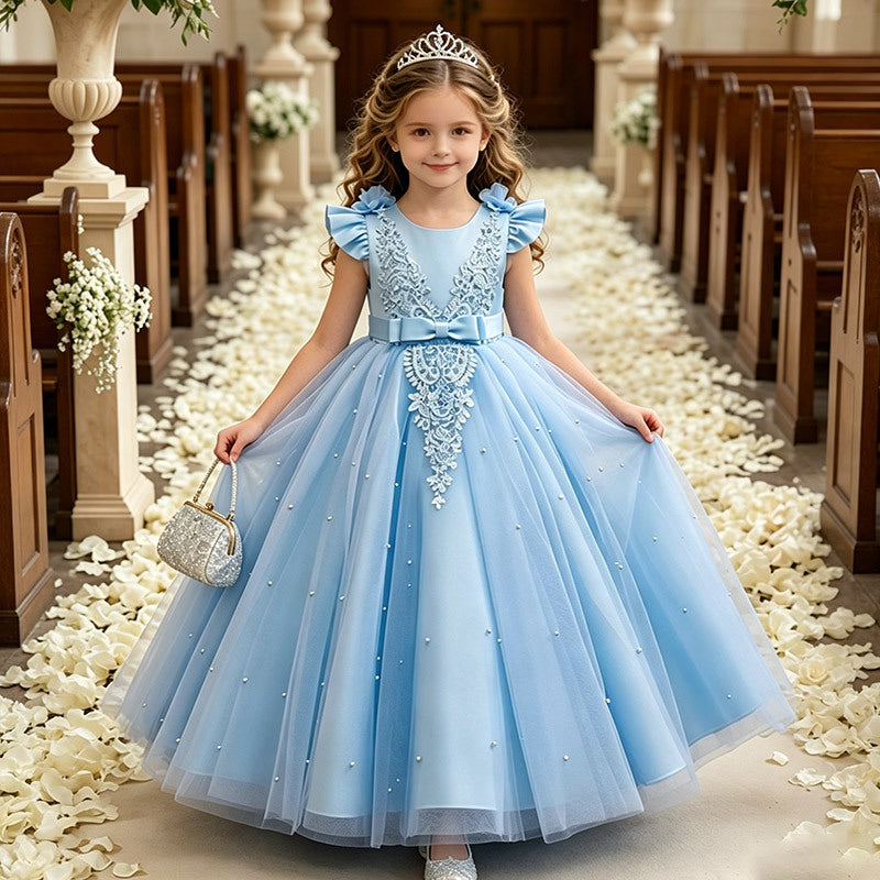 foreign trade girl's dress shawl tulle  new flower girl wedding dress small flying sleeves kids princess dress in stock