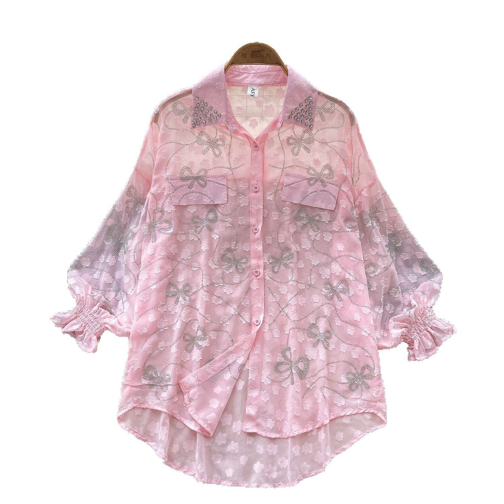 Light mature fashion heavy industry butterfly hot diamond thin long sleevesshirt women's looseslimming lookcasual single-breasted chiffon tops