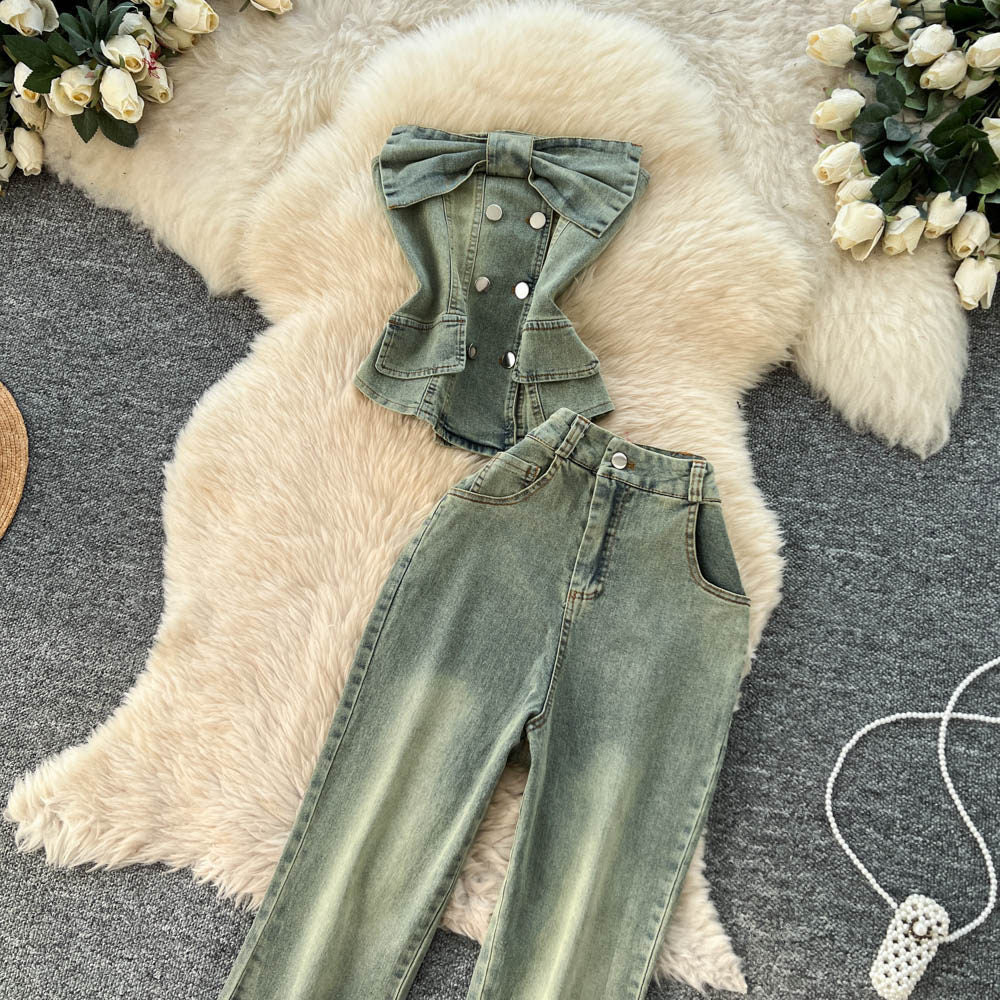 American retro slim-fit denim set: women's bandeau top & high-waisted flare jeans two-piece - summer slimming look