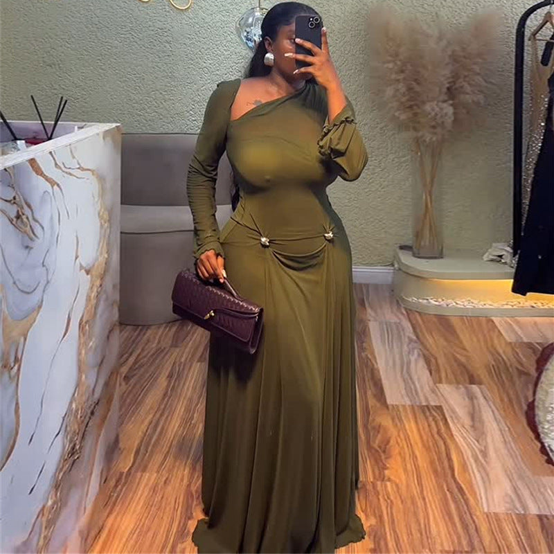 European and american cross-border women's fashion:  summer new arrival - elegant, high-end, asymmetrical neck, slim-fit, designer long dress