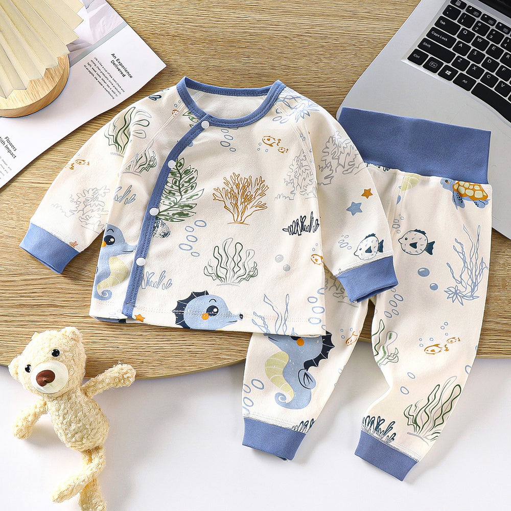 Newborn baby underwear set, all-cotton seamless thermal underwear, cute cartoon design, high-waisted pants for baby, belly protection