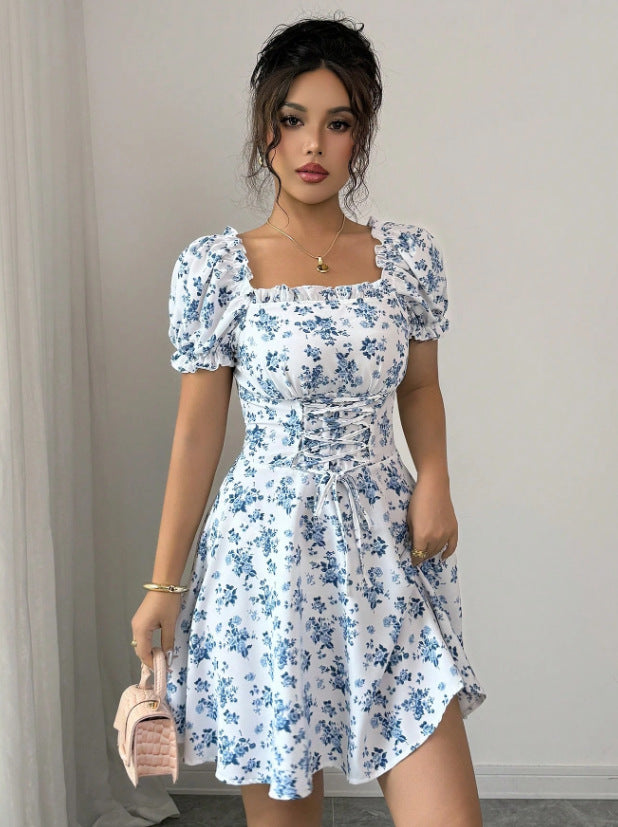 blue floral print dress - women's casual floral bubble sleeve tie-waist - wholesale