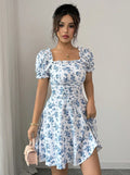 blue floral print dress - women's casual floral bubble sleeve tie-waist - wholesale