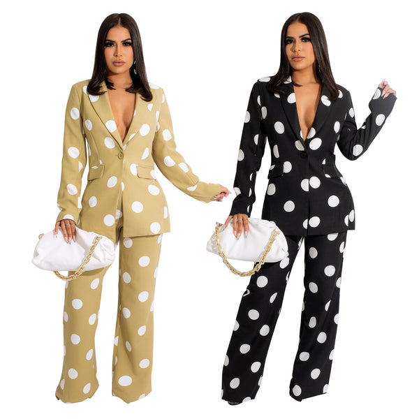 YZ1295 European and American  women's clothing   independent station fashion casual polka dot printed suit two-piece set