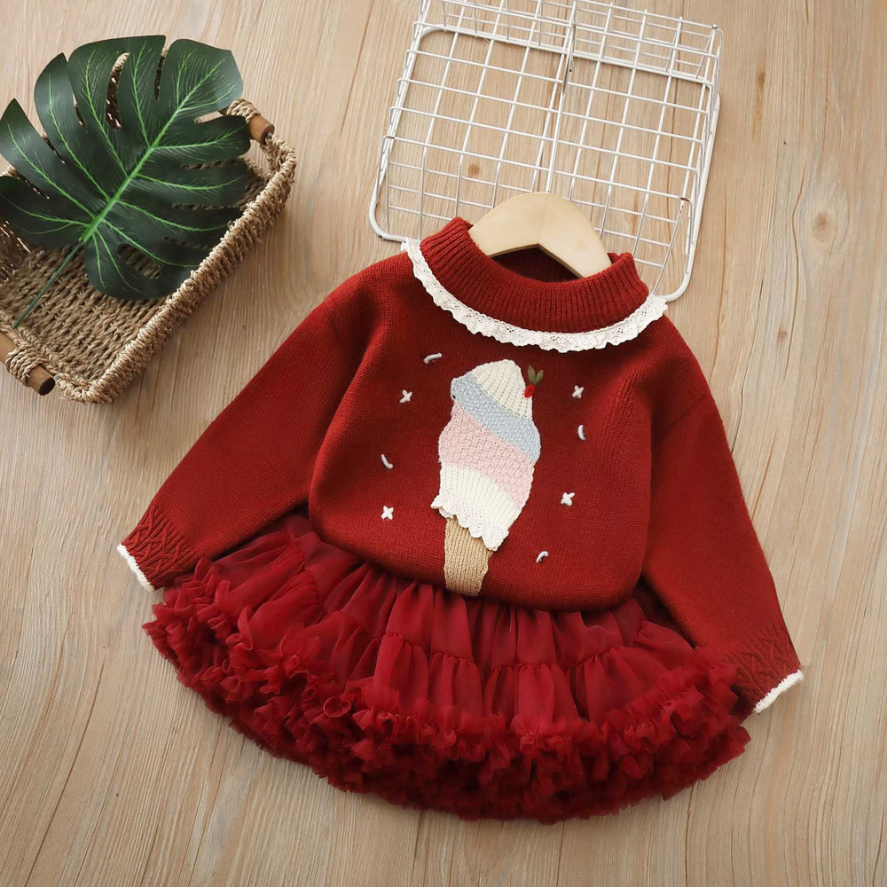 Girls' knit sweater set - new autumn/winter  collection: chic baby pullover with lace collar, long-sleeved base layer knitwear
