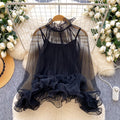 early spring new chiffon blouse - french chic, elegant, ruched lace trim, layering camisole top, two-piece set for women