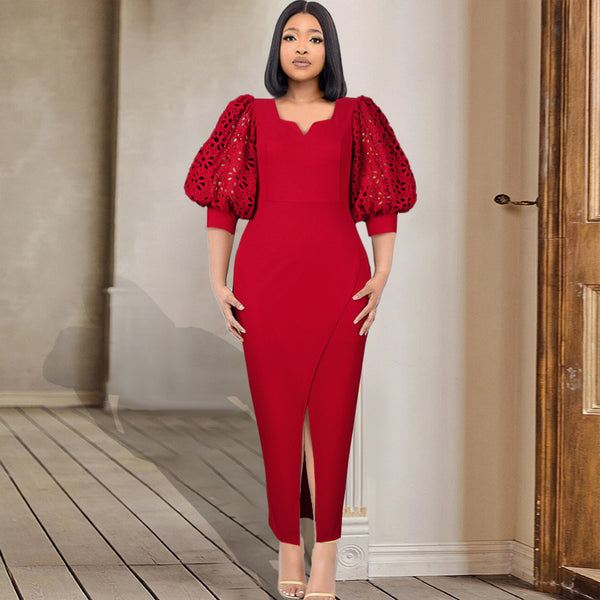 New sexy V-neck empty lantern five-quarter sleeve slim slit dress banquet evening dress dress dresses