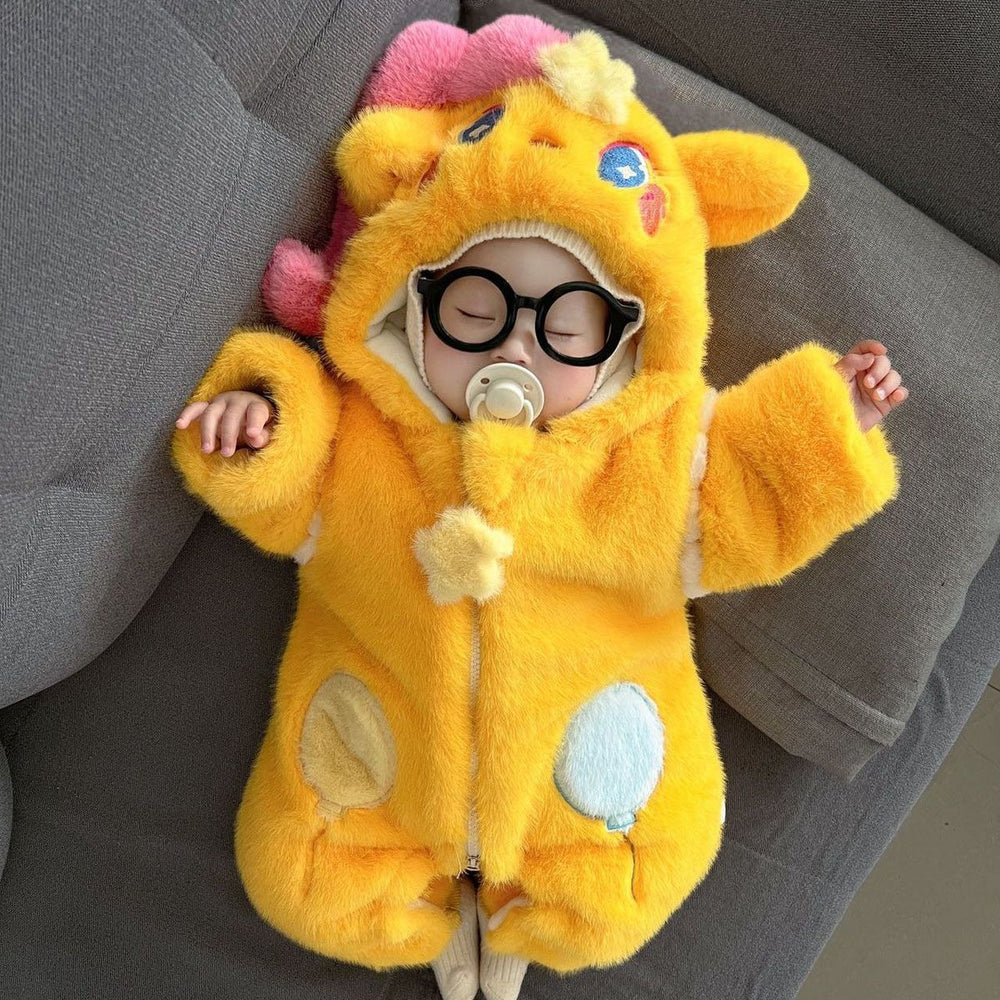 Baby cartoon clothes winterthickenedheattech jumpsuit baby winter clothes super cute rompersfleece-lined haki rompers