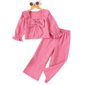 Girls' fall two-piece outfit: pink lace-trimmed square neck long sleeve top with bow-tie pants
