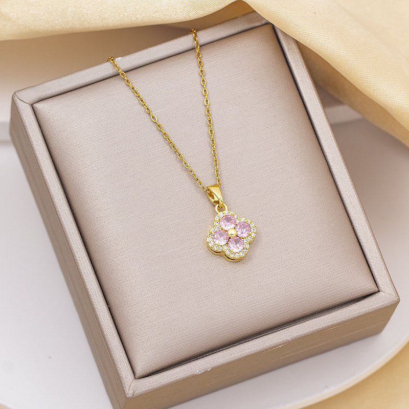[copper inlaid with zirconium] necklace for women, long four-leaf clover pendant earrings, light luxury high-end titanium steel popular clavicle chain jewelry