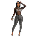 C6203 cross-border   fashion women's solid color mesh rhinestone long sleeve pants jumpsuit