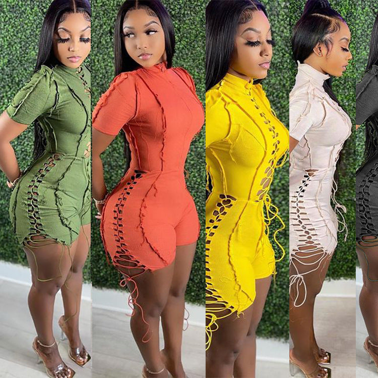 summer hot seller:  foreign trade women's fashion - european and american sexy solid color tie-up short sleeve jumpsuit