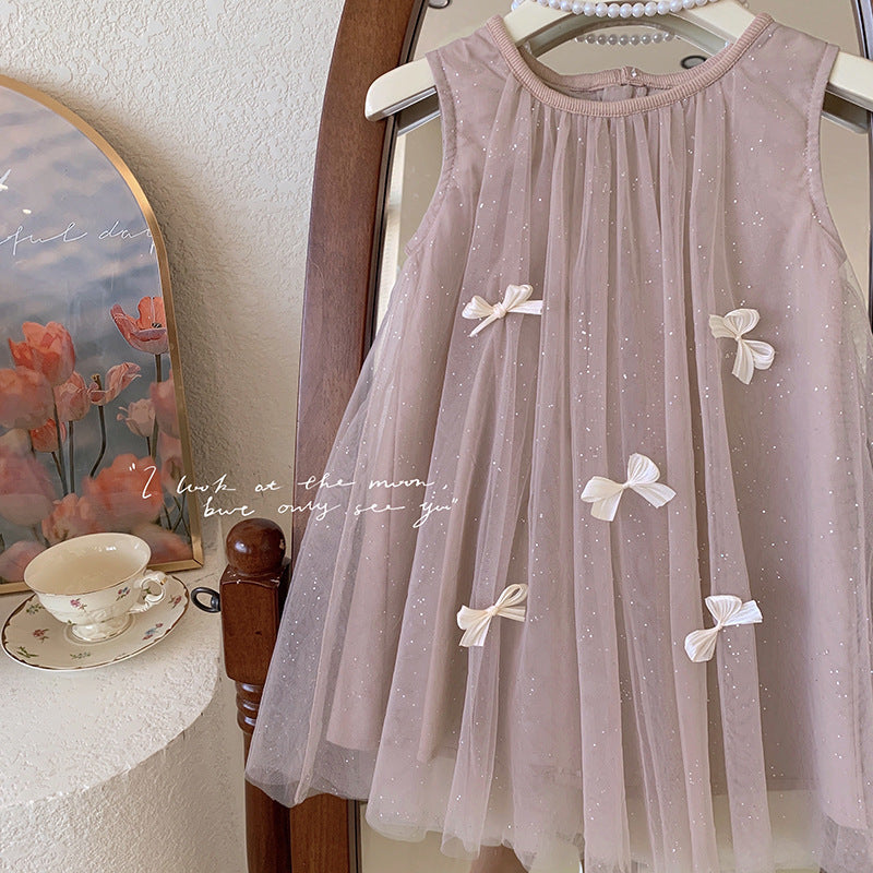Girls' sleeveless 3d bow mesh dress - princess style summer dress for baby girls and toddlers - sweet and adorable