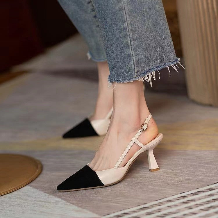 2024 summer new arrival baotou sandals french color block tweed style pointed toe high heels one strap sandals thin heel