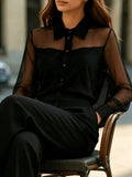 fashion  summer new arrivalpatchwork mesh lapel shirt see-through long sleeves single-breasted work clothing black tops