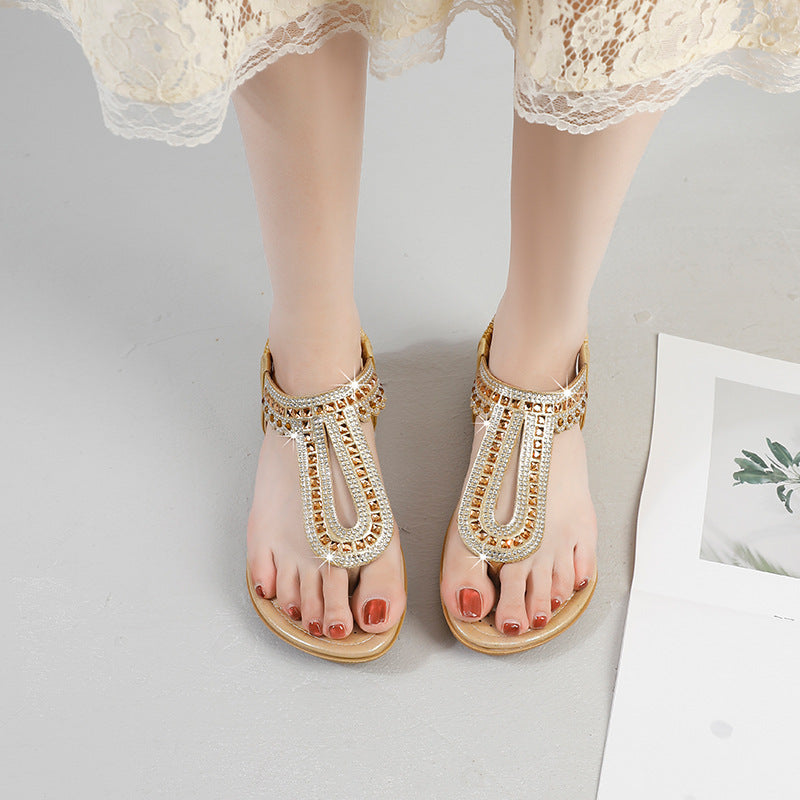2025 summer new arrivals: european and american style women's sandals - elastic band, hotfix rhinestones, soft, breathable, lightweight, comfortable, plus size, flat