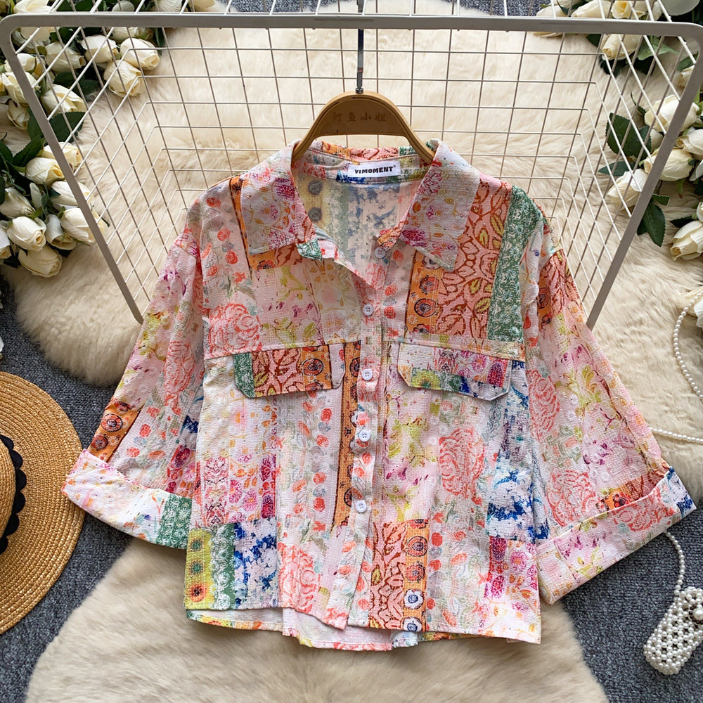Korean style commute chic color block breathable printed shirt - women's short sleeve casual loose fit cardigan top - elegant summer