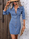 35882#  cross-border fashion new retro waist slimming look long sleeves denim non-elastic dress for women