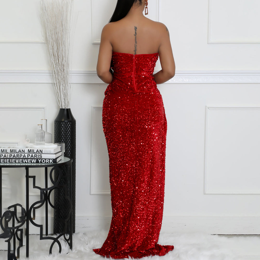C8651 new arrival: european and american style  chic off-the-shoulder sexy slim-fit long sleeve sequin maxi dress