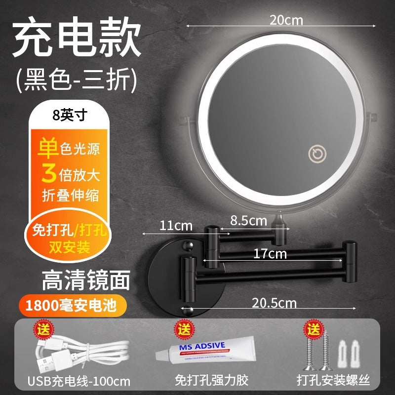 Toilet mirror folding non-punching hotel bathroom cosmetic mirror wall hanging telescopic double-sided LED beauty mirror with lamp