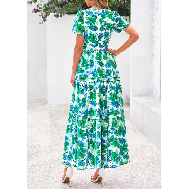 european and american retro floral short-sleeve v-neck dress - women's  summer new arrival a-line flowy vacation dress