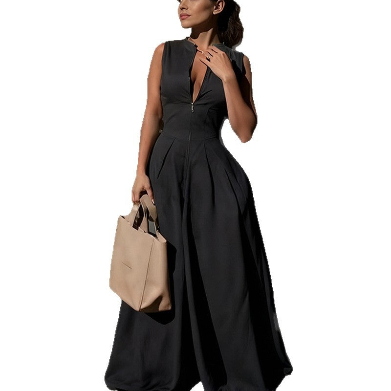 cross-border e-commerce women's fashion: european and american summer new arrivals - stylish, chic, and trendy solid color wide-leg jumpsuit for work and casual wear