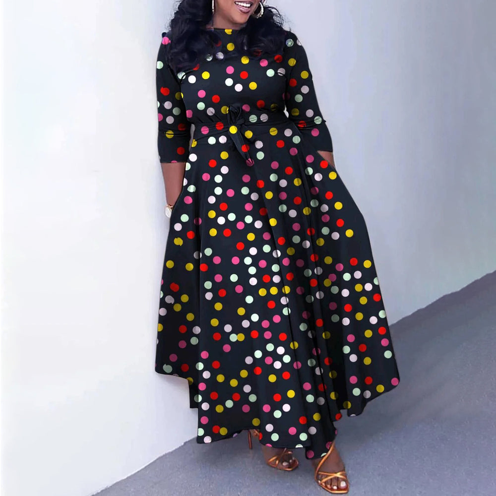 women's autumn fashion dress: european and american style, plus size, stylish print, elegant, tie-waist, a-line silhouette, suitable for cross-border e-commerce