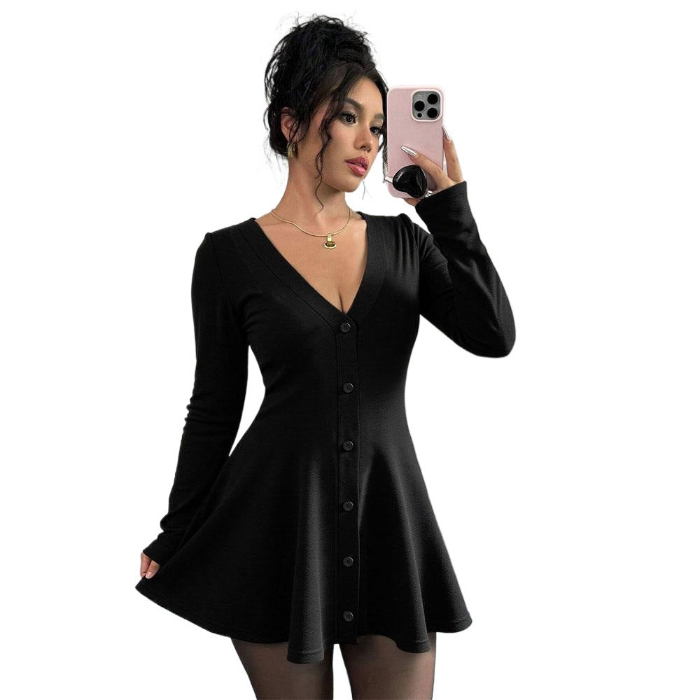 European and american  spring/summer new women's knitted tulip hem v-neck chanel-inspired long sleeve solid color mini dress