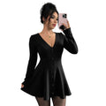 European and american  spring/summer new women's knitted tulip hem v-neck chanel-inspired long sleeve solid color mini dress
