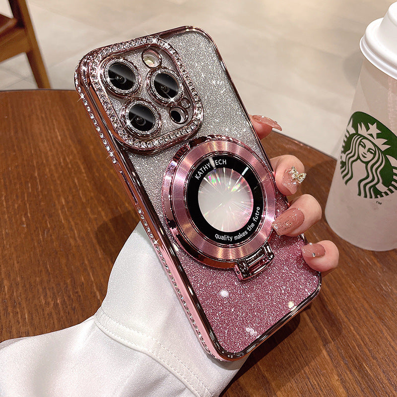 Suitable for apple 17promax light luxury rhinestone electroplated mobile phone case 15 glitter magnetic holder apple 16 protective cover