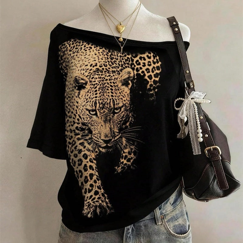 fashion style off-shoulder short-sleeved t-shirt women's leopard print printinglooseslimming looksummernew arrivalfashioneasiest for matchtops