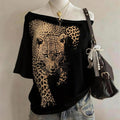 fashion style off-shoulder short-sleeved t-shirt women's leopard print printinglooseslimming looksummernew arrivalfashioneasiest for matchtops