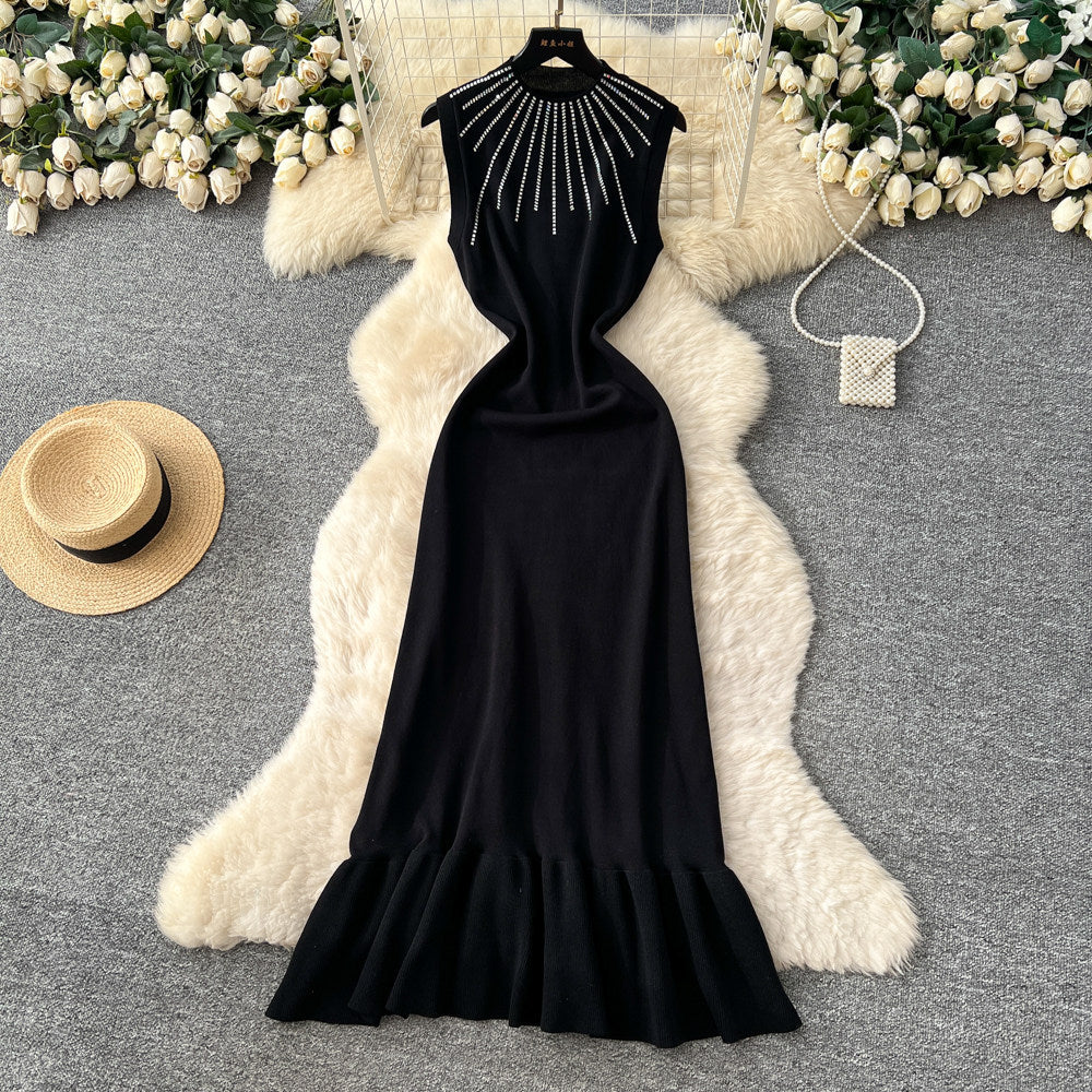 Frenchclassy sense of hot diamond round neck vest dress women's high waist waist fishtail skirt work clothingsense of design long skirt