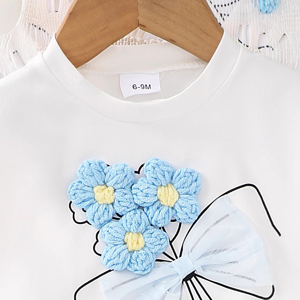 Children's clothingfashion children's clothing woolen flower off-white flying sleeve t-shirt + blue skirt girl