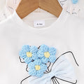 Children's clothingfashion children's clothing woolen flower off-white flying sleeve t-shirt + blue skirt girl