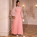 European and american elegant lace lantern sleeve dress - hollow out long sleeve, cinched waist, pleated a-line party maxi dress