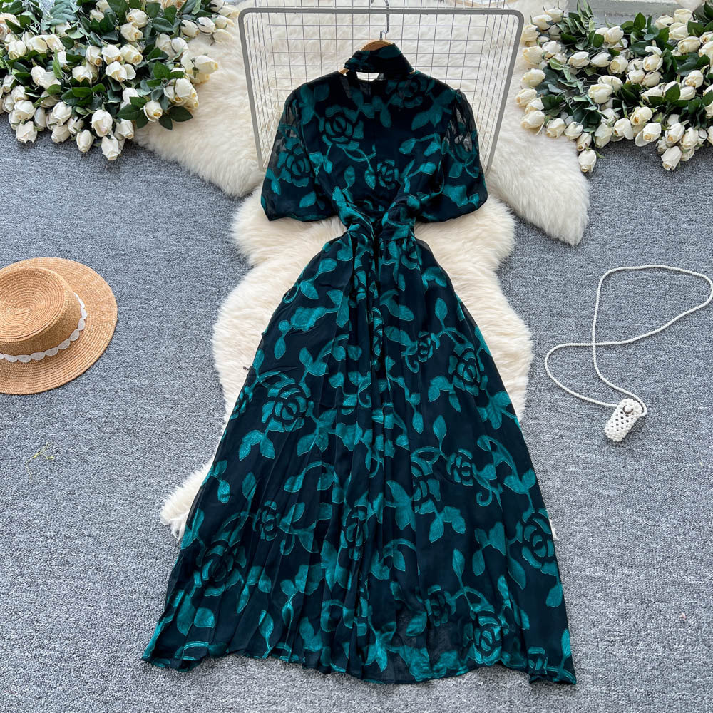 French chic bow-tie lantern sleeve dress - women's fashionable waist-cinching jacquard mesh flowy maxi dress
