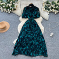 French chic bow-tie lantern sleeve dress - women's fashionable waist-cinching jacquard mesh flowy maxi dress