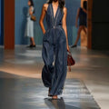Amazon cross-border fashion cross-border tight waist silm elastic washed denim jumpsuit straight-legloose jumpsuit