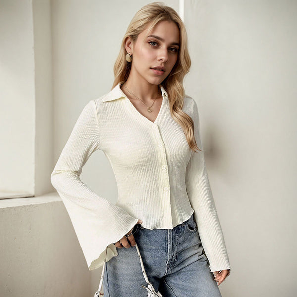 Cross-border Independent Station Women's Clothing High Cold Royal Sister Wind T-Shirt Autumn and Winter Trumpet Sleeve Design Slim-fit Top