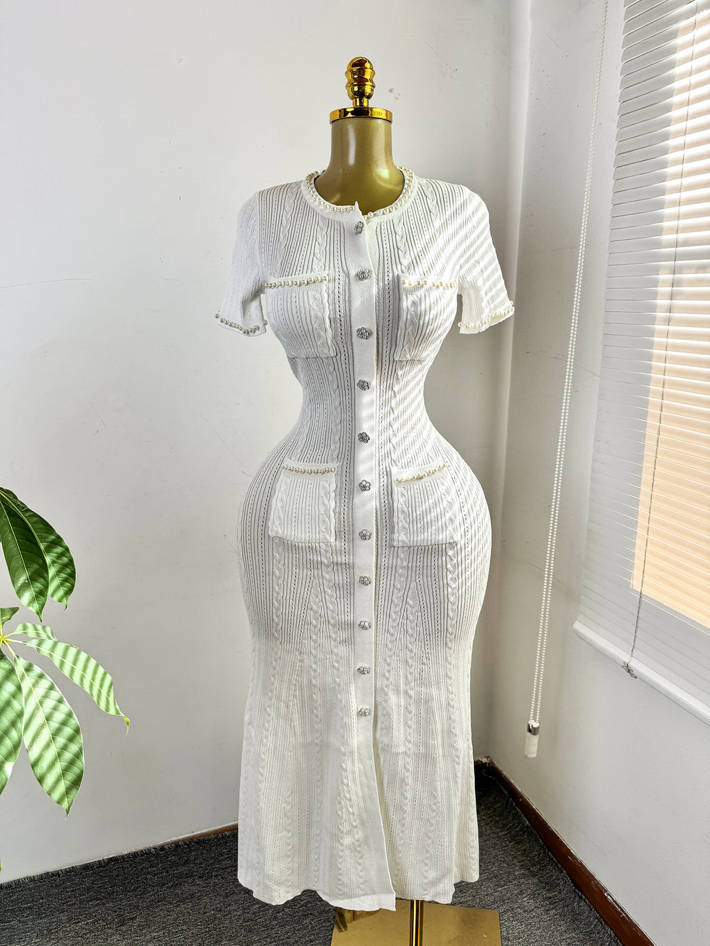 Export women's french tweed style elegance celebrity silm short-sleeved knittingdress beaded fishtail mid-length skirt