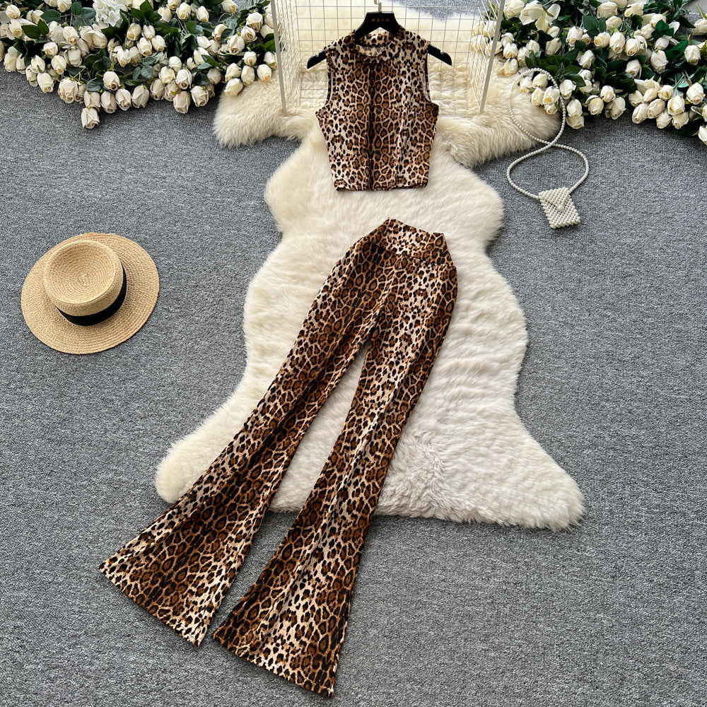 Fashion ins scheming sense of design sleeveless slanted shoulder short leopard print vest women's high waist hip-covering slightly flared pantssuit