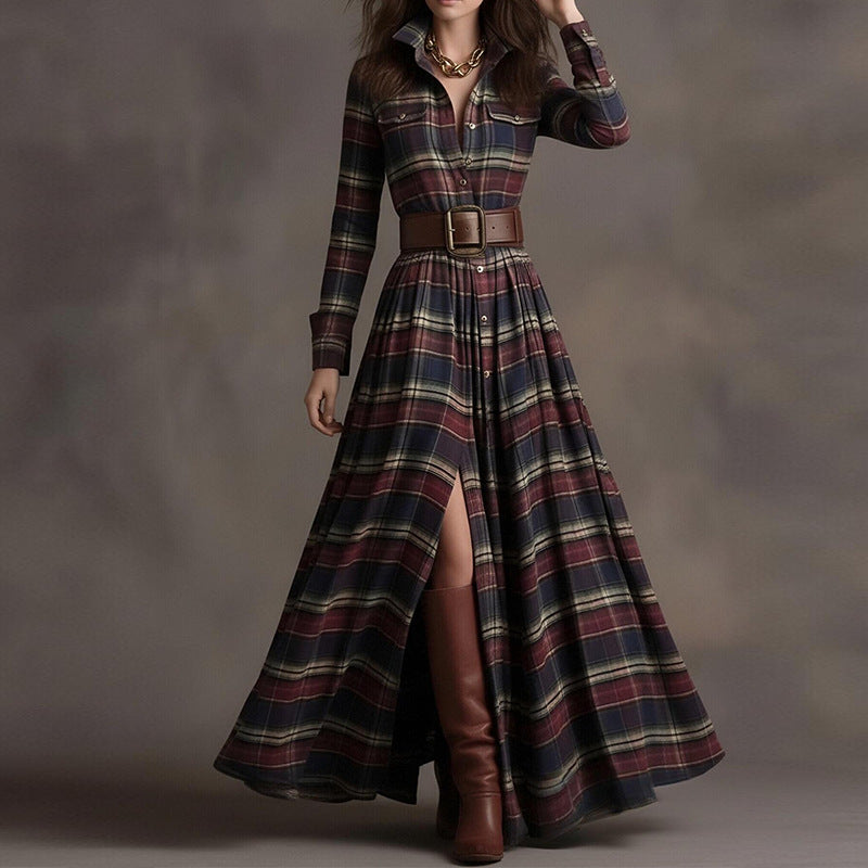 cross-border e-commerce european and american women's clothing: new summer collection - fashionable, casual, and elegant plaid notch collar slim-fit dress