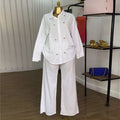European and american women's clothing  summer new collection: sweet and fresh turn-down collar long sleeve beaded blouse and high-waisted straight-leg pants two-piece set