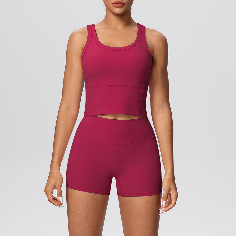 New arrival: cross-border double-sided brushed solid color breathable tank top and shorts yoga set - activewear two-piece for running and fitness