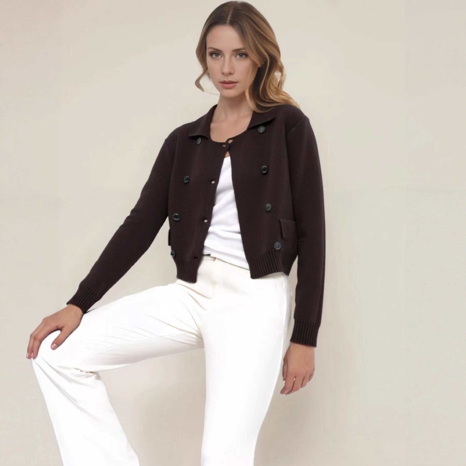 Cross-border Europe, America and the United States in the autumn and winter of 2025 new women's clothing fashion British style lapel collar double-breasted knitted cardigan jacket women