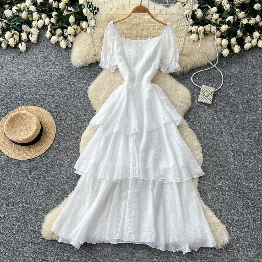 French holiday style puff sleeve square neck dress women's summer pleated waist slimming look layered ruffles cake skirt