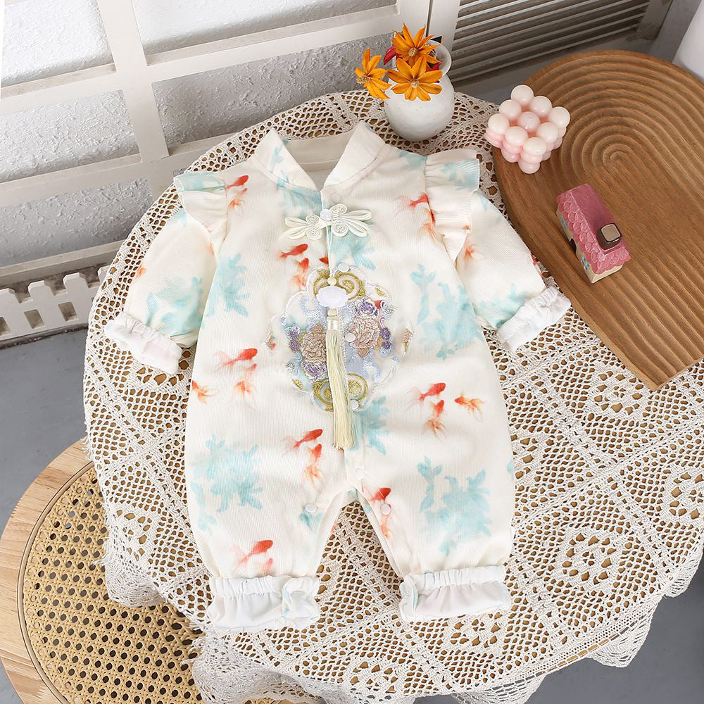 Chinese style autumn outfit for baby boys and girls: stylish hanfu romper for outdoor wear, autumn infant and toddler 100-day celebration, first birthday, super cute one-piece